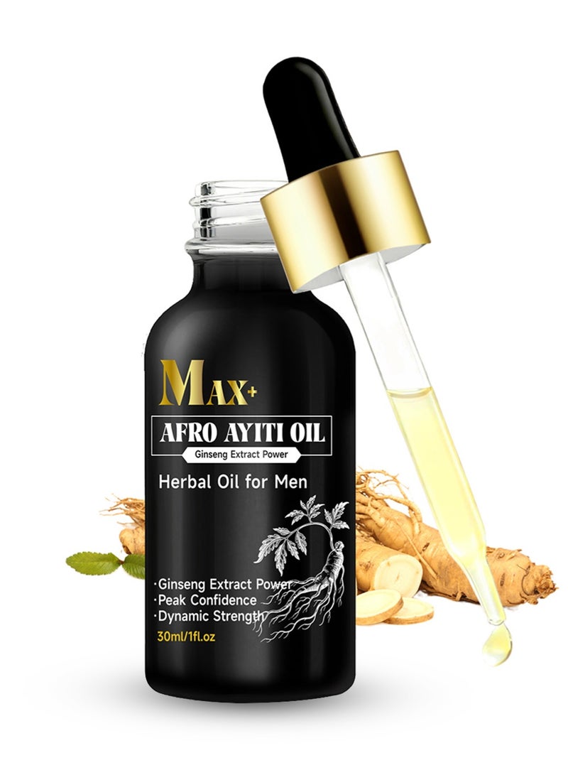 ماكس زيت Max+ Afro Ayiti 30 مل للرجال – زيت تدليك الجسم العشبي الطبيعي مع الجينسنغ الباناكس والجينكго بيلوبا – تركيبة لزيادة القدرة للرجال غير دهنية لتحقيق الثقة بالنفس والطاقة الحيوية - Image 1